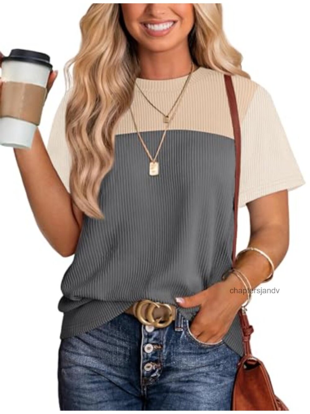 Womens Color Block Short Sleeve Knit Top Casual Summer Blouse